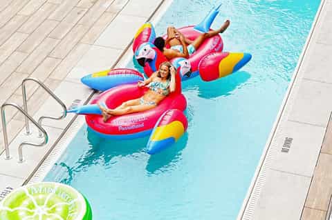 Children enjoying colorful inflatable pool floats shaped like parrots in bright blue swimming pool