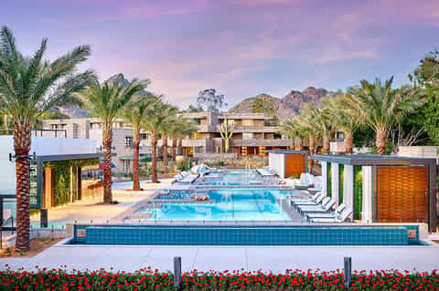 Resort pool area with palm trees, lounge chairs, and mountains in background at daytime