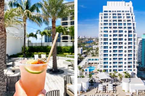 Tropical resort courtyard with palm trees, coral cocktail drink, and modern high-rise hotel building