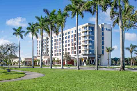 Hilton hotel exterior with blue and white modern architecture surrounded by palm trees