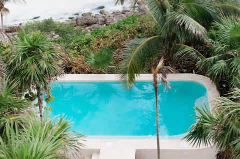 Overhead view of bright turquoise swimming pool surrounded by tropical palm trees and ocean