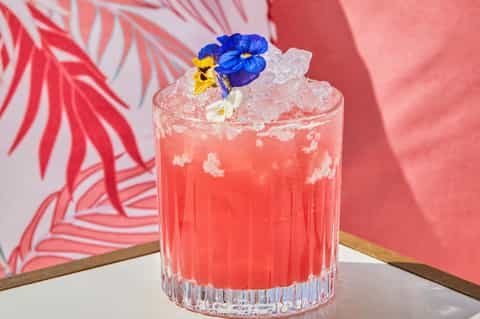 Coral-colored cocktail with ice and colorful edible flowers against pink tropical background