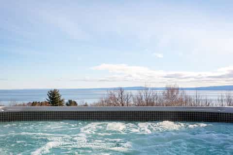 Infinity pool overlooking a tranquil lake with bare winter trees on the shoreline