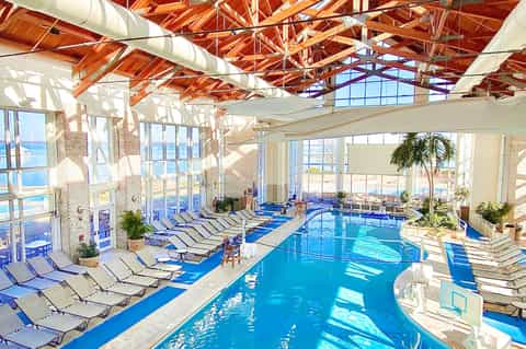 Indoor swimming pool with exposed wooden beams, lounge chairs, and tropical plants