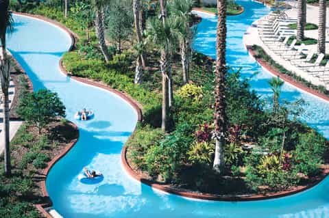 Aerial view of lazy river with turquoise water winding through lush tropical landscaping and palm trees