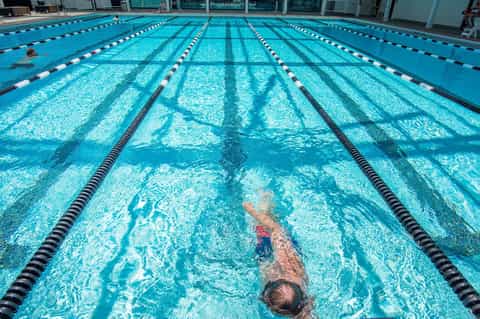 Olympic-size swimming pool with lane dividers and a swimmer doing freestyle stroke
