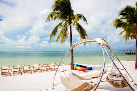 Tropical beach with hammocks, palm trees, kayaks, and turquoise water under blue sky