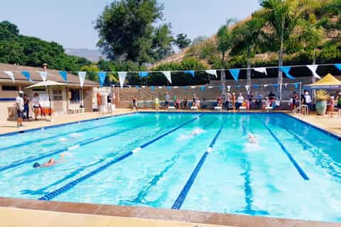 Olympic-sized lap pool with blue lane dividers and spectators under sunny skies