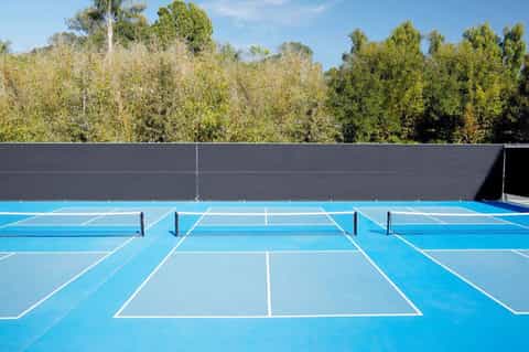 Multiple blue tennis courts with white lines surrounded by tall trees and dark windscreen