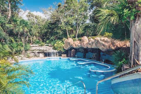 Indoor pool with natural rock formations, tropical vegetation, and spa features