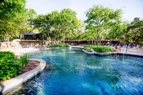 Crystal-clear spring-fed natural pool surrounded by mature trees and lounge seating