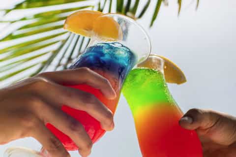 Colorful tropical cocktails with orange slices held against palm frond background
