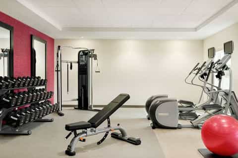 Modern fitness center with dumbbells, weight machines, exercise bikes, and red stability ball