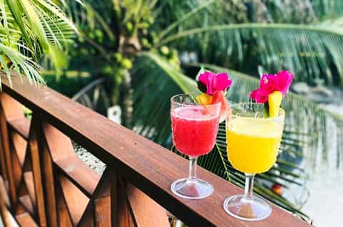 Tropical cocktails with colorful flowers on a wooden railing overlooking palm trees and lush green landscape