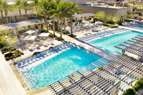 Luxurious resort pool with blue loungers, palm trees, and modern architecture overlooking city skyline