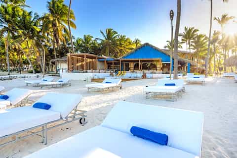 Sandy beach with white loungers and blue-roofed beach club surrounded by palm trees