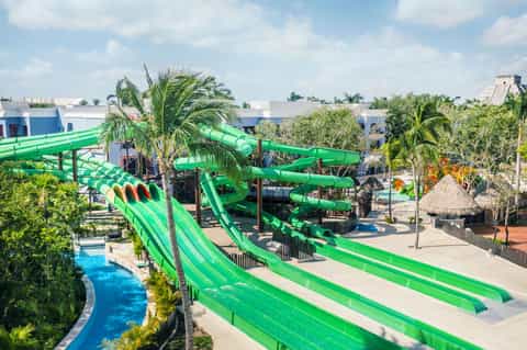Aerial view of green water slides at a tropical resort surrounded by palm trees