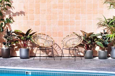 Modern poolside patio with woven chairs, terracotta wall, potted tropical plants, and pool edge