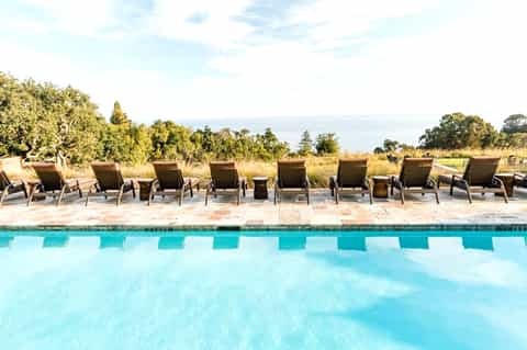Resort pool with turquoise water, multiple lounge chairs, trees, and ocean horizon view