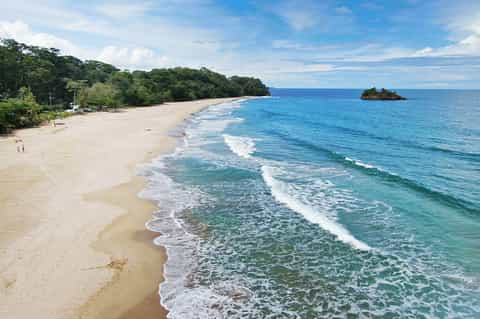 Pristine sandy beach with turquoise ocean waves and lush green coastline