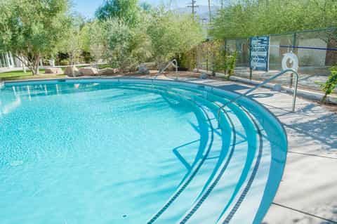 Olympic-size swimming pool with lane dividers and metal ladder surrounded by trees