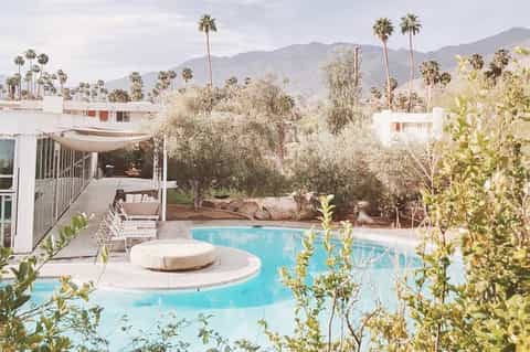 Mid-century modern resort with turquoise pool, palm trees, and mountain backdrop