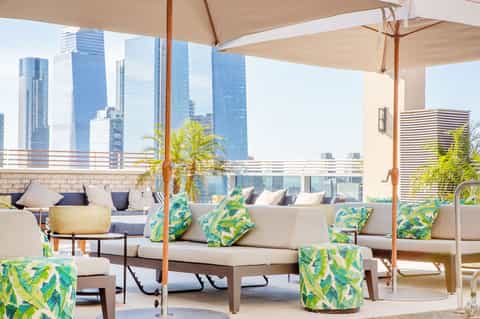 High-rise rooftop lounge with cream furniture, tropical plants, and city skyline view