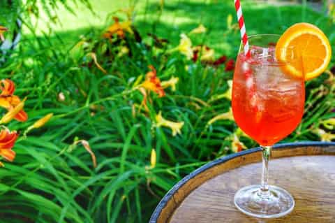 Red tropical cocktail with orange slice and striped straw on wooden table with garden backdrop