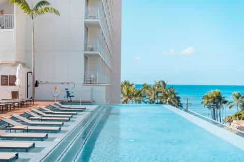Beachfront hotel infinity pool with ocean view, palm trees, and loungers on sunny day
