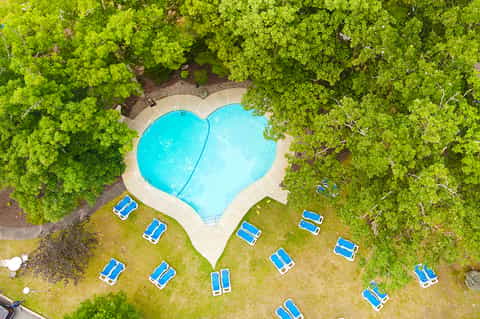 Overhead view of heart-shaped pool surrounded by green trees and blue lounge chairs