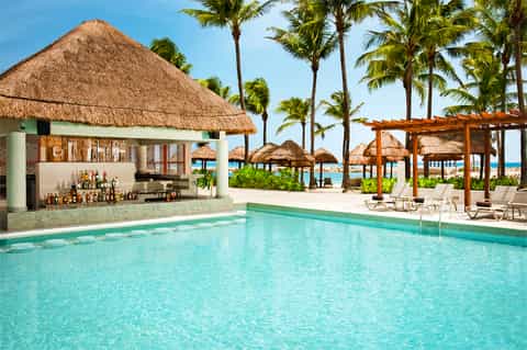 Tropical resort pool with thatched-roof bar, palm trees, and turquoise water at beach