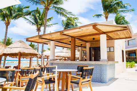 Beachfront restaurant with wooden pergola, palm trees, and thatched umbrellas overlooking ocean