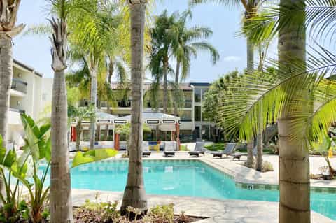 Resort courtyard with turquoise pool, palm trees, white lounge chairs, and residential buildings