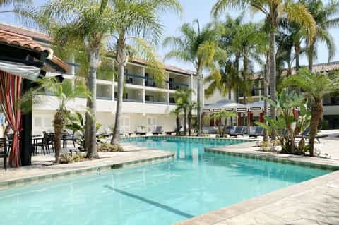 Palm-lined resort pool with white loungers and multi-story hotel