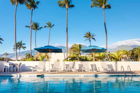 Resort pool with blue umbrellas, lounge chairs, tall palm trees, and mountain views in background