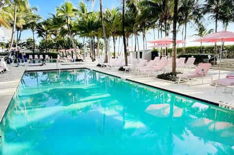 Rectangular pool surrounded by pink lounge chairs and palm trees with ocean view