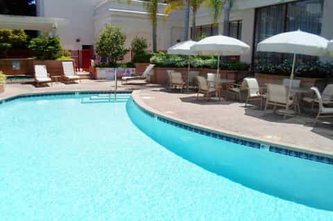 Resort swimming pool with curved edge, lounge chairs, white umbrellas, and palm trees