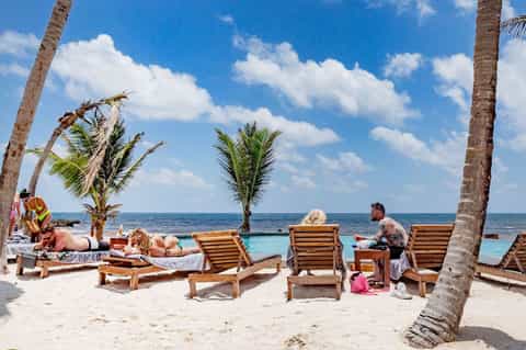 Beachgoers relaxing on sand under palm trees with turquoise ocean water in background