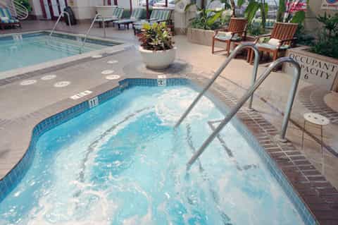 Indoor spa pool with blue tile surround, white planter, wooden lounge chairs, and potted plants in a glass atrium
