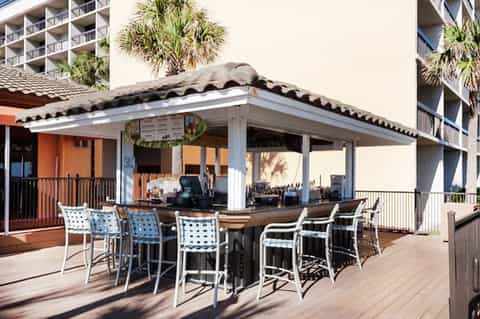 Beachfront bar patio with palm trees, wavy corrugated roof, and high-top seating