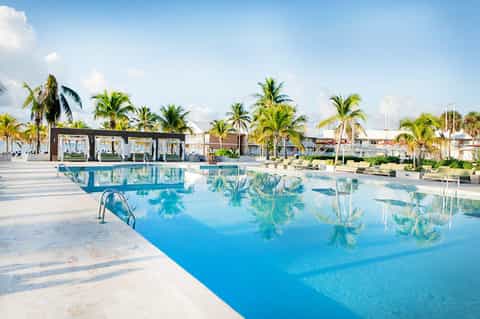 Resort swimming pool with palm trees and lounge chairs, surrounded by tropical landscaping