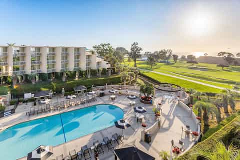 Resort pool overlooking golf course with palm trees, lounge chairs, and building