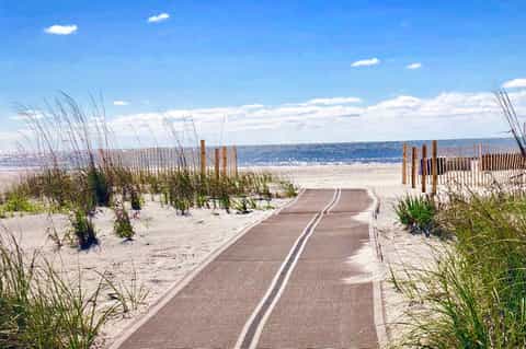 Beach boardwalk with wooden dune fence and sea grass leading to ocean under blue sky