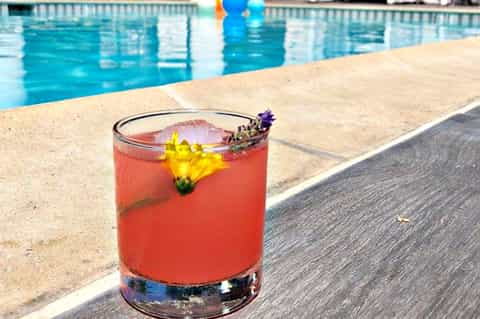 Coral-colored cocktail with yellow and purple flowers garnish poolside