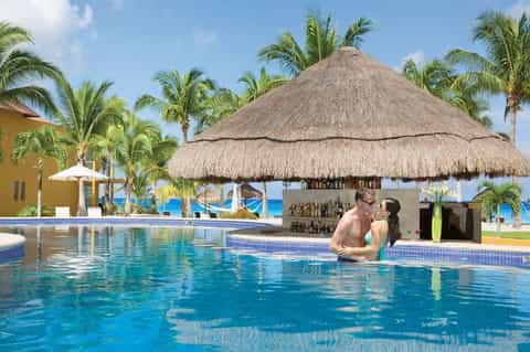 Tropical resort pool with thatched-roof bar, palm trees, and ocean beyond