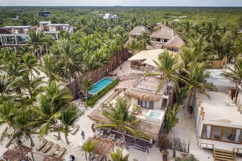 Aerial view of beachfront resort with thatched roof bungalows and palm trees