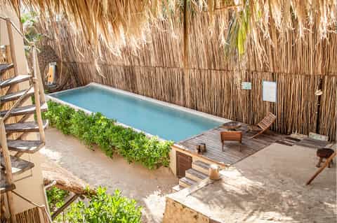 Tropical private pool surrounded by thatched palapa roof and wooden deck