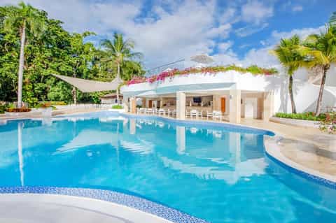 Curved resort pool with turquoise water, white lounge structure, pink flowers, and palm trees