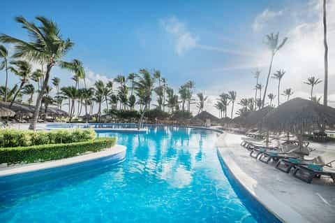 Sprawling tropical resort pool with palm trees, thatched umbrellas, palm landscaping, and ocean views