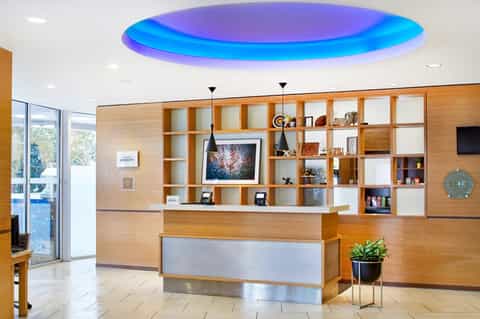 Modern hotel lobby with circular purple and blue ceiling, wooden wall shelving, and reception desk